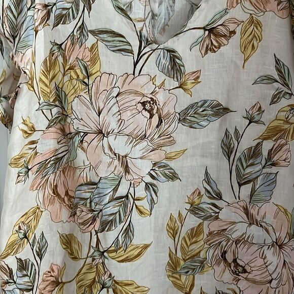 Nicole Miller Floral Print Linen Dress Ruffle Cap Sleeves Soft Peach, Blue - Picture 2 of 7